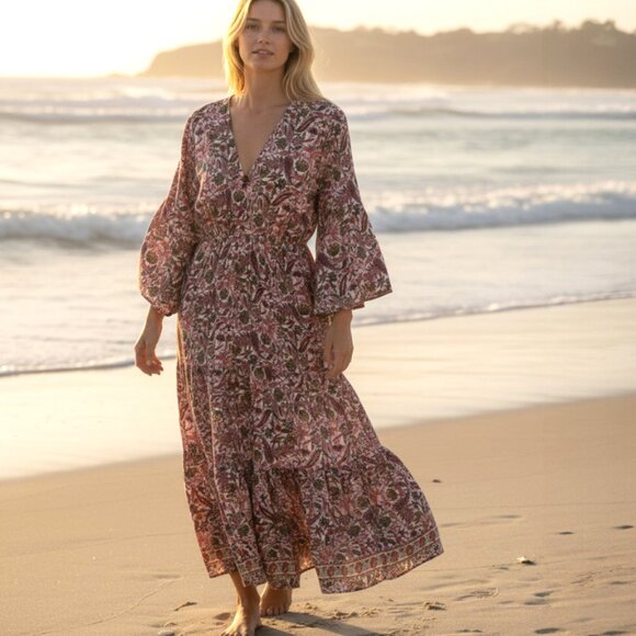 NEW ANTHROPOLOGIE BOEMO FLORAL PAISLEY MAXI DRESS RESORT COTTAGECORE BOHO MED - Picture 7 of 7